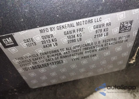 2014 Chevrolet Malibu 1Ls z USA, uszkodzony, nr VIN 1G11B5SL5EF137063